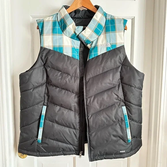 The North Face Black and Teal Plaid Puffer Vest Sheka 550 - Picture 1 of 2
